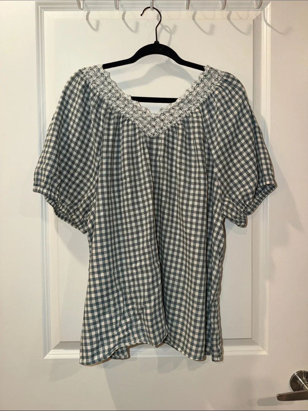 Madewell Green Gingham Lace-Trim Peasant Blouse